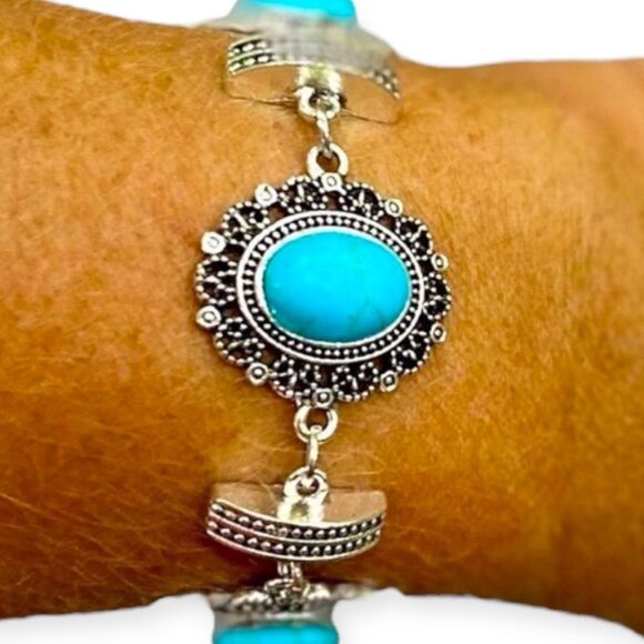 NEW Bracelet Turquoise Adjustable Silver Link Toggle Bangle Bracelet - Picture 1 of 4